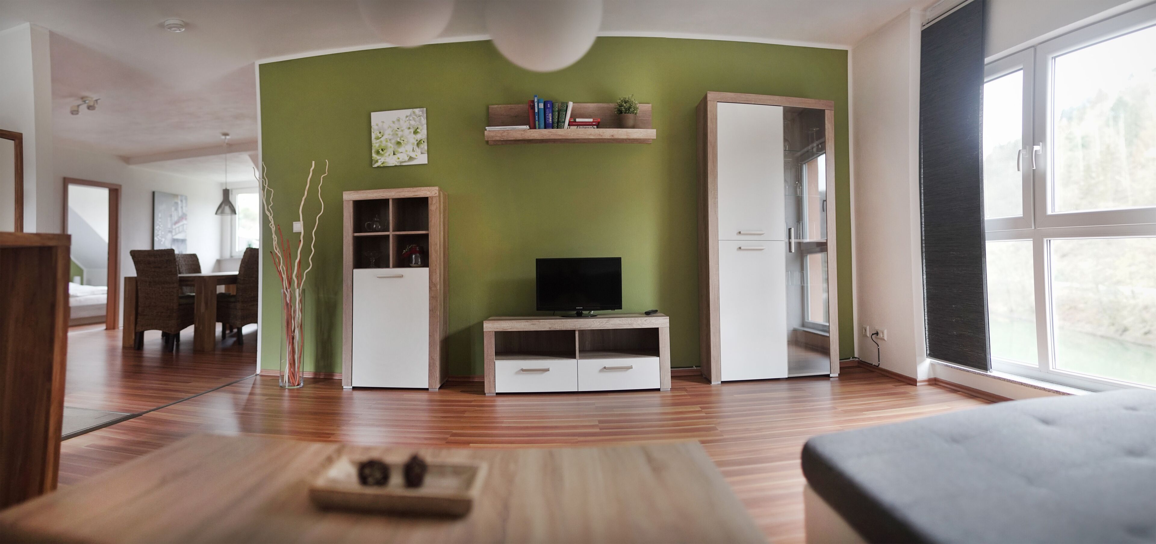 A modern living room with a green accent wall, wooden flooring, a flat-screen TV, a bookshelf, and a large window.