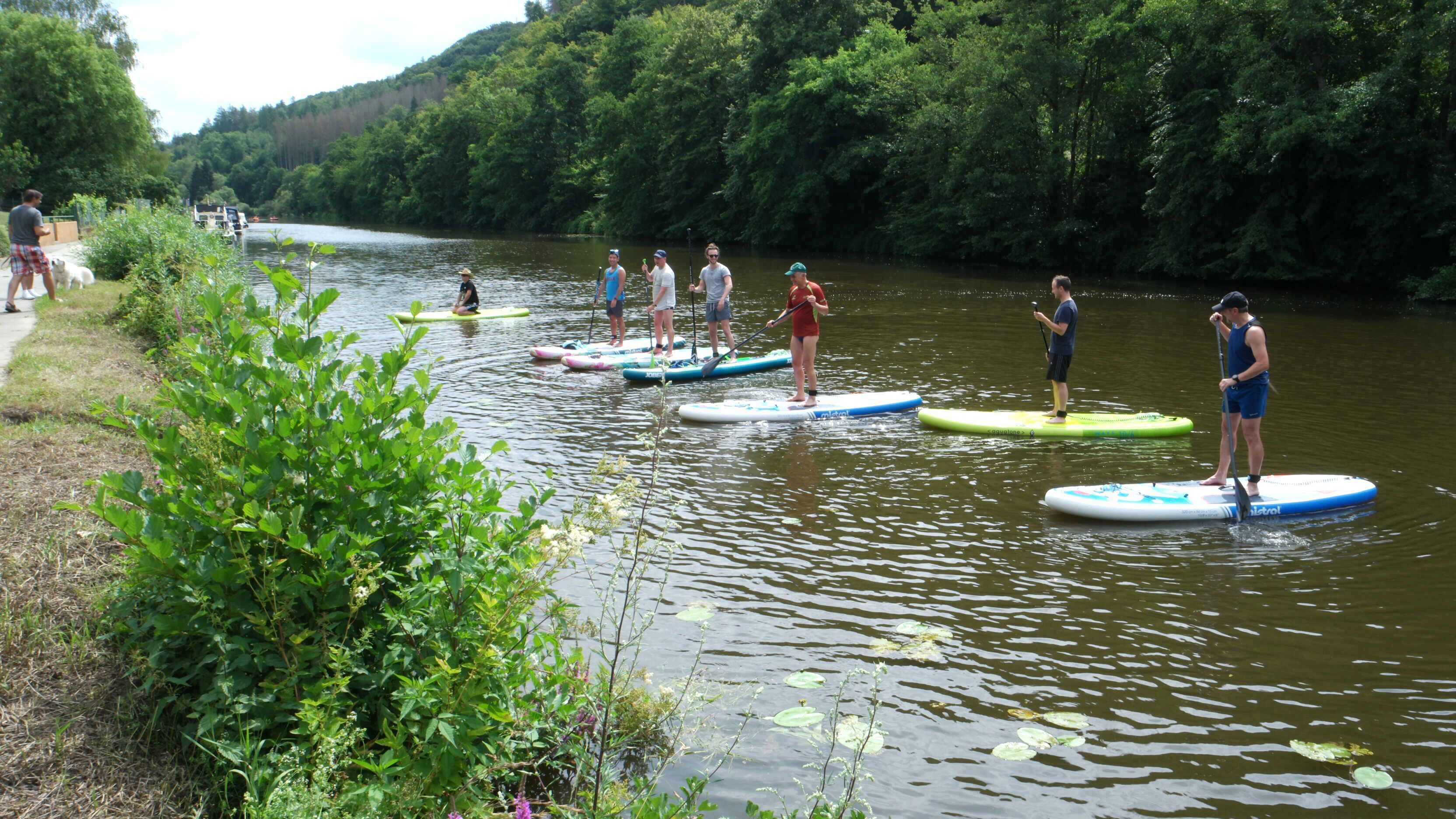People paddleboarding on a calm river surrounded by lush greenery.