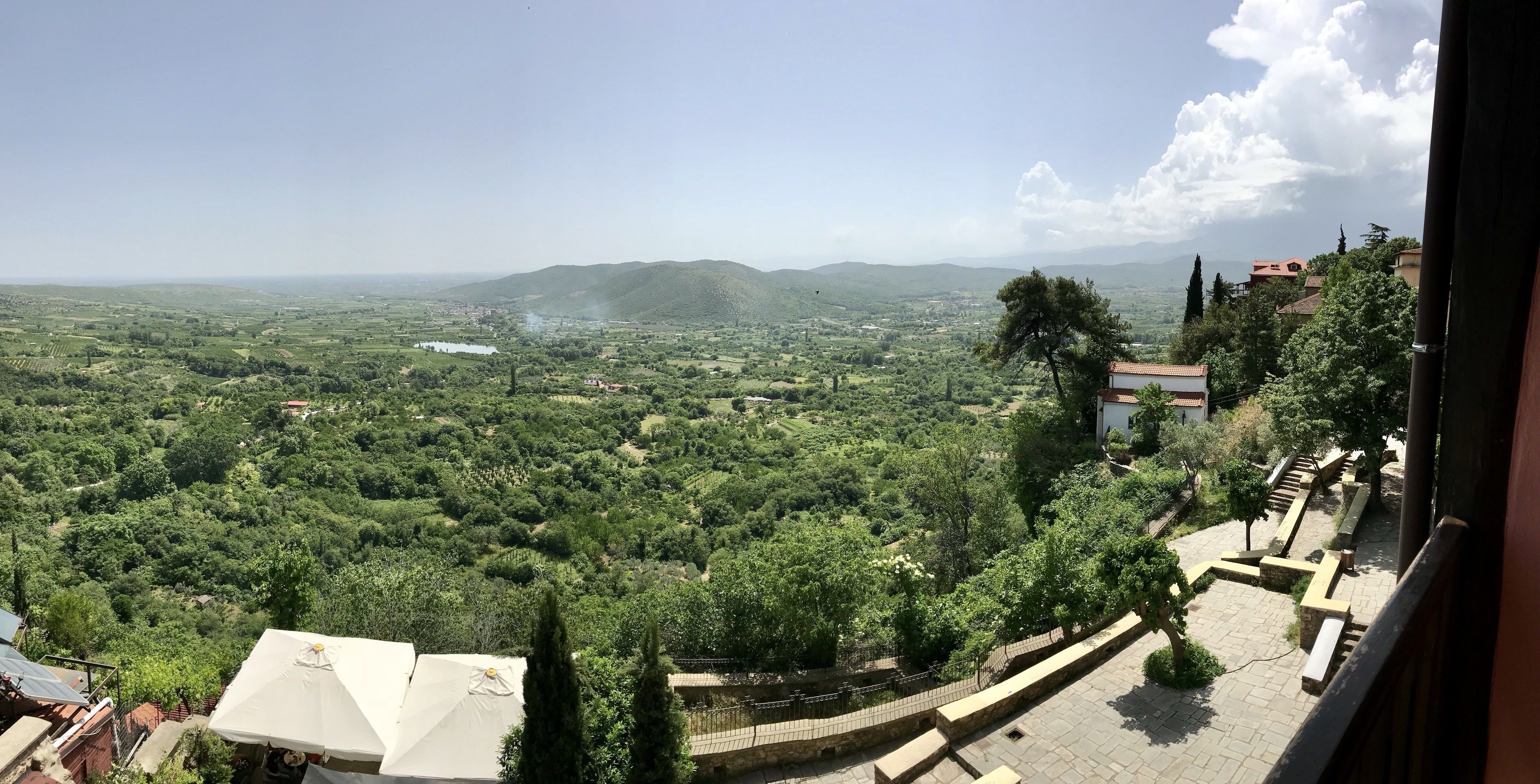 A panoramic view of a lush green landscape with rolling hills and a distant body of water.