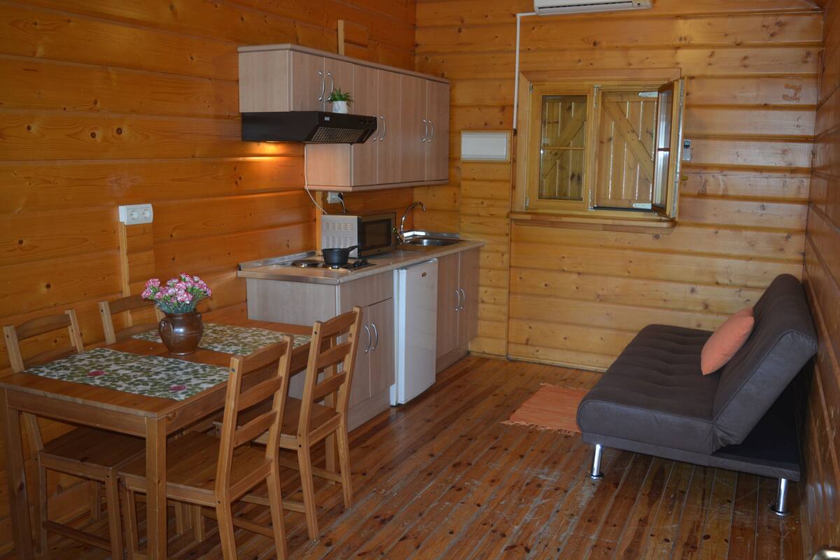 Une cuisine compacte avec des meubles en bois, un four à micro-ondes et un évier. On y trouve une table à manger avec des chaises et un petit canapé avec un coussin.