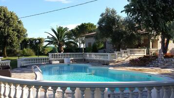 Outdoor pool, pool umbrellas, pool loungers