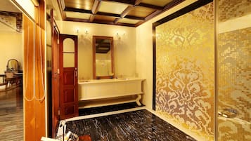 Royal Suite, 1 Bedroom, Partial Sea View, Garden Area | Bathroom | Shower, rainfall showerhead, designer toiletries, hair dryer