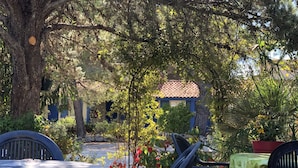 Un espace extérieur aménagé avec des tables et des chaises, entouré d’arbres et de plantes.