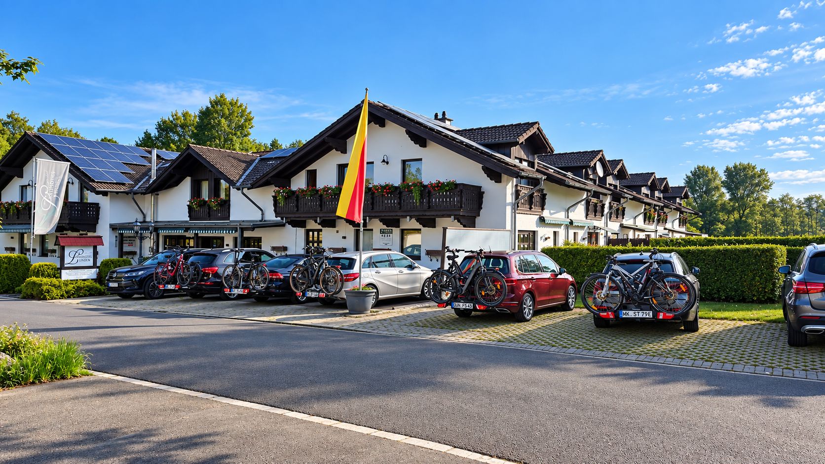 Un hotel con varios coches aparcados delante, una bandera y un cartel.
