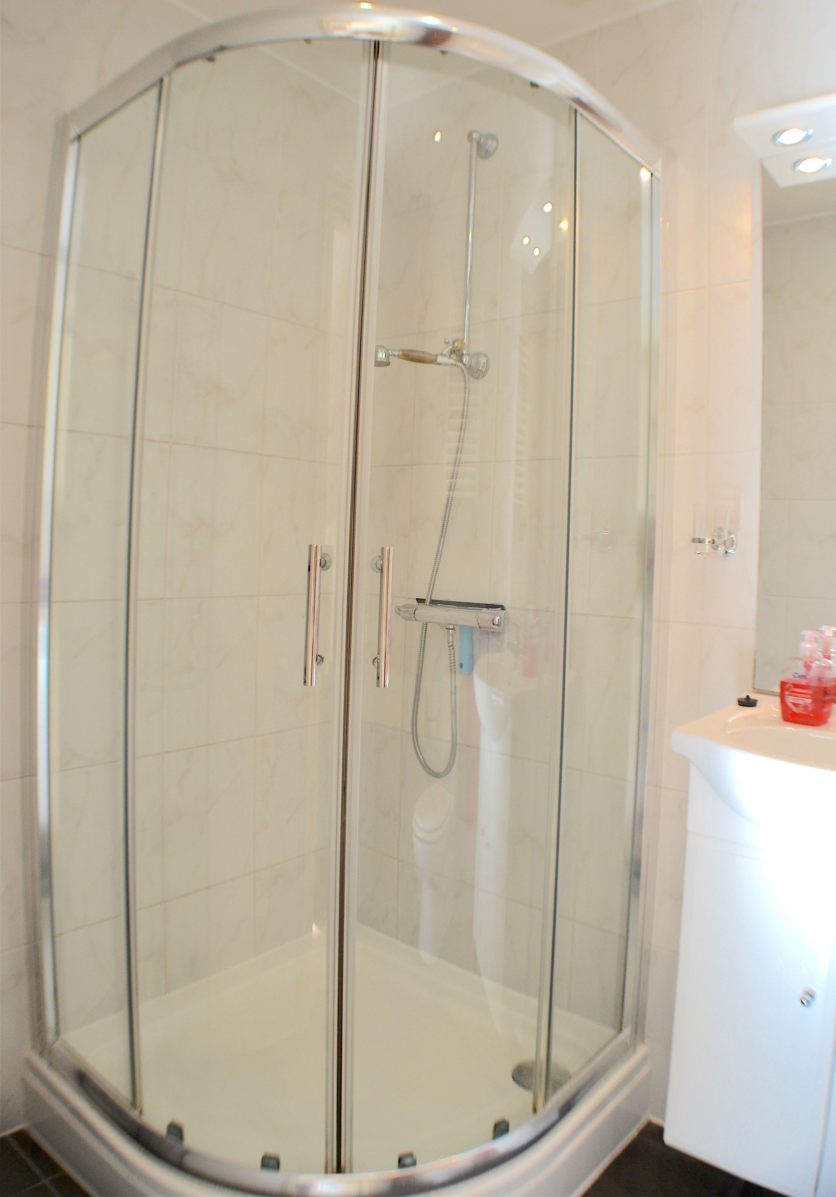 A glass-enclosed shower with a white sink and toiletries.