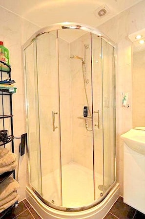 Une douche fermée par des parois en verre, dotée d’un pommeau de douche à main, d’un porte-serviettes et d’un lavabo avec un miroir.