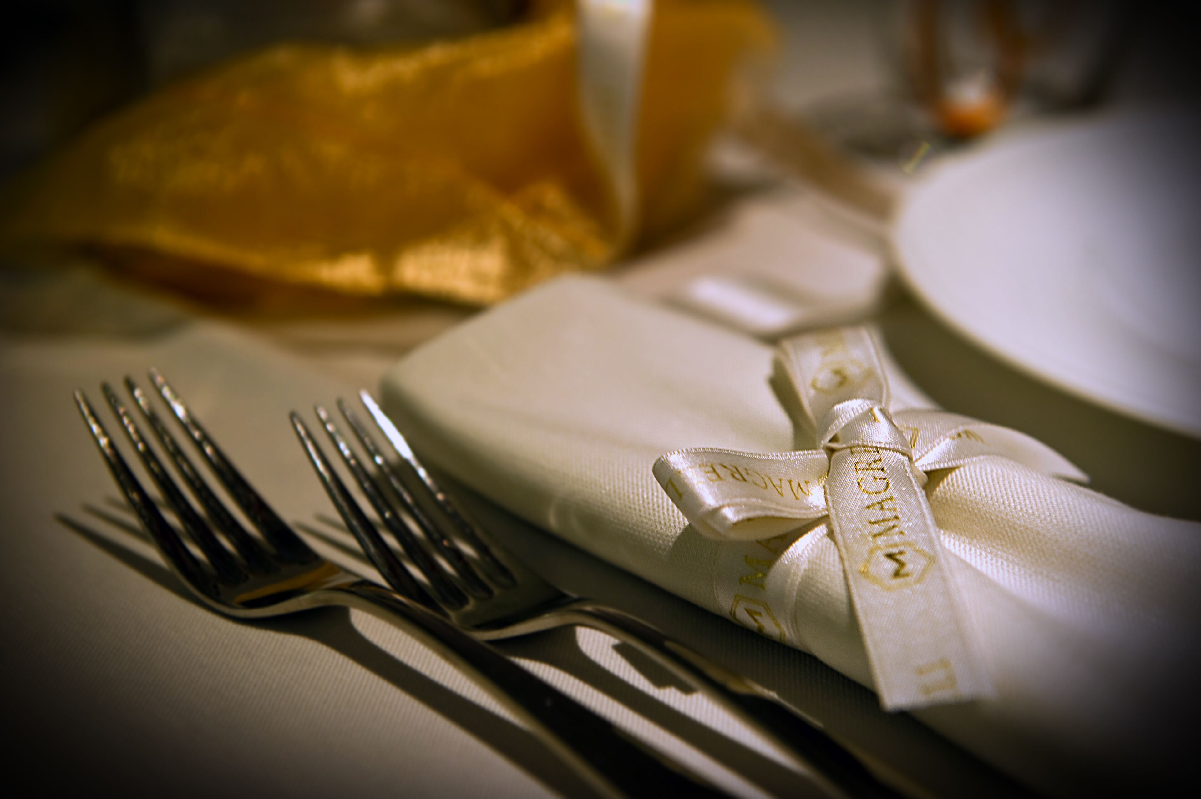 A table setting with a folded napkin tied with a ribbon, a fork, and a knife.