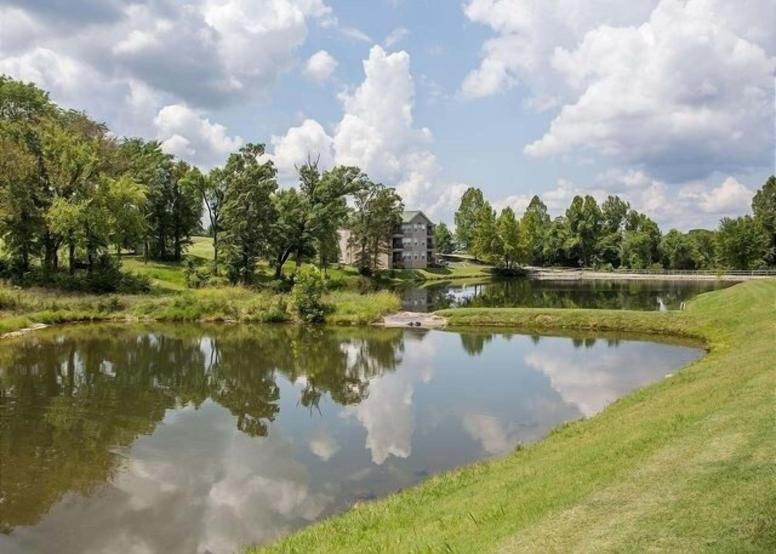 A serene lakeside view with a building in the background, surrounded by lush greenery and trees.