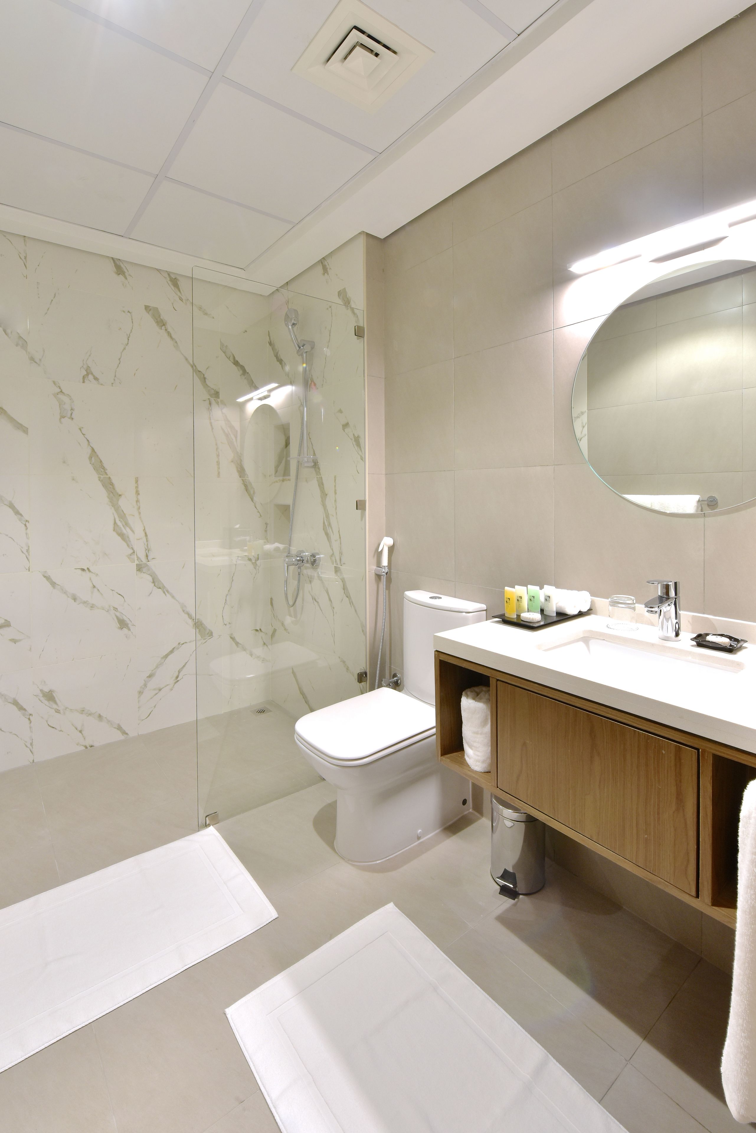 A modern bathroom with a glass-enclosed shower, a white toilet, a wooden vanity with a mirror, and a white sink.