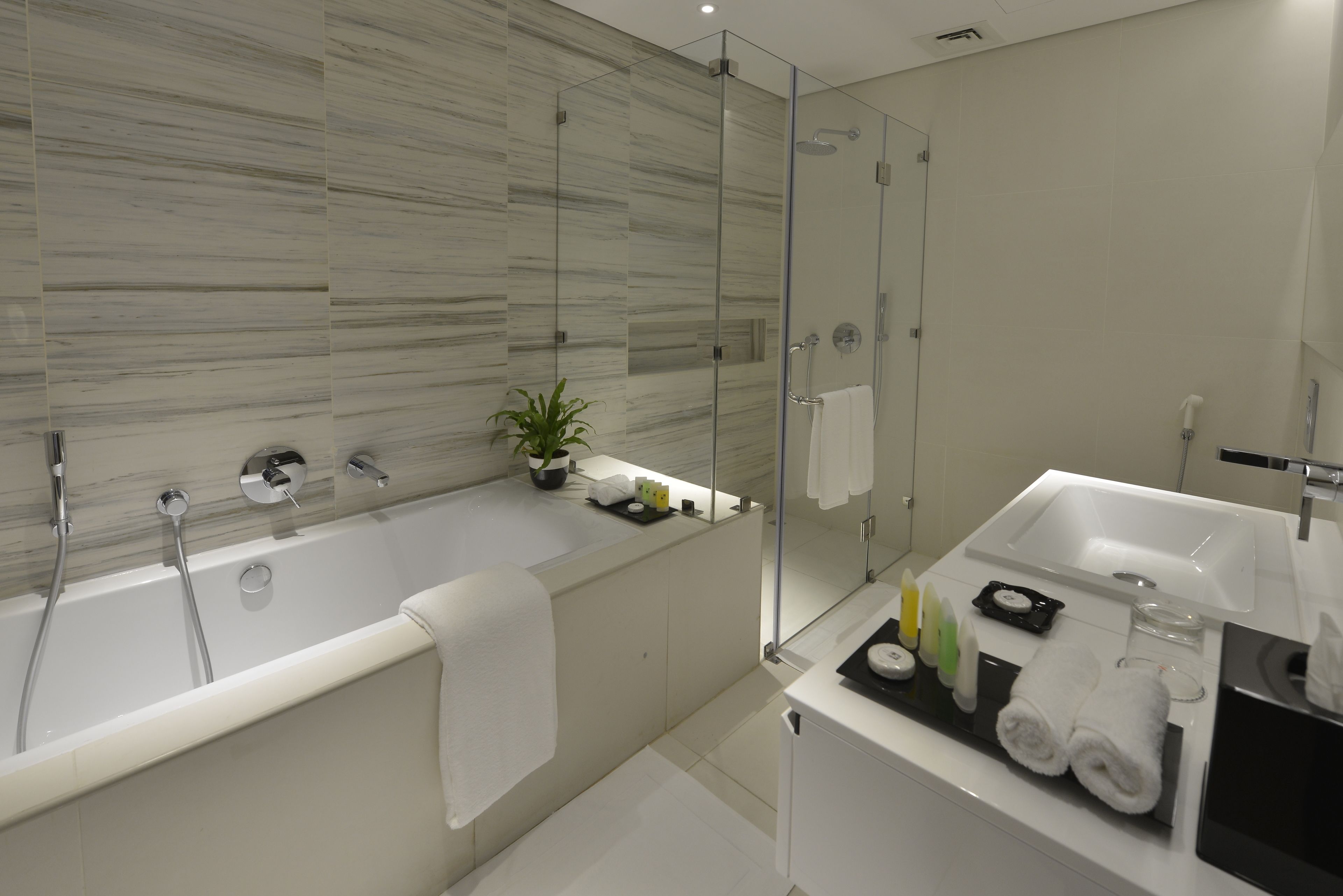 A modern bathroom with a glass-enclosed shower, a bathtub, and a vanity with toiletries.