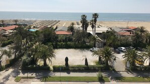 A coastal view with a beach, palm trees, and a parking area. - Hotel San Carlo (Pietrasanta)