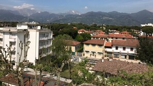 A residential area with buildings, trees, and mountains in the background. - Hotel San Carlo (Pietrasanta)