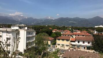 Ein Wohngebiet mit Gebäuden, Bäumen und Bergen im Hintergrund.