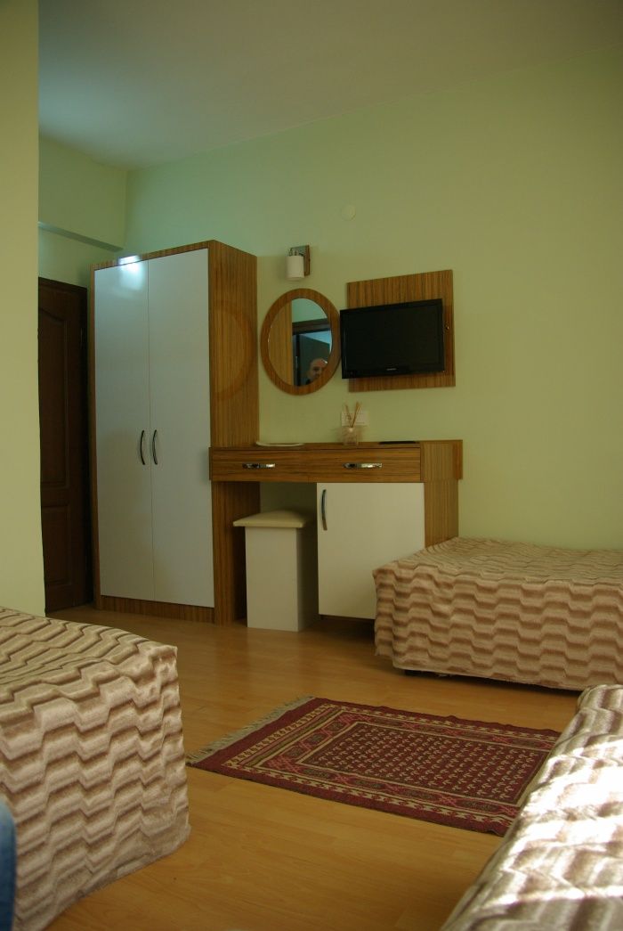 A room with a wardrobe, a desk, a television, and two beds.
