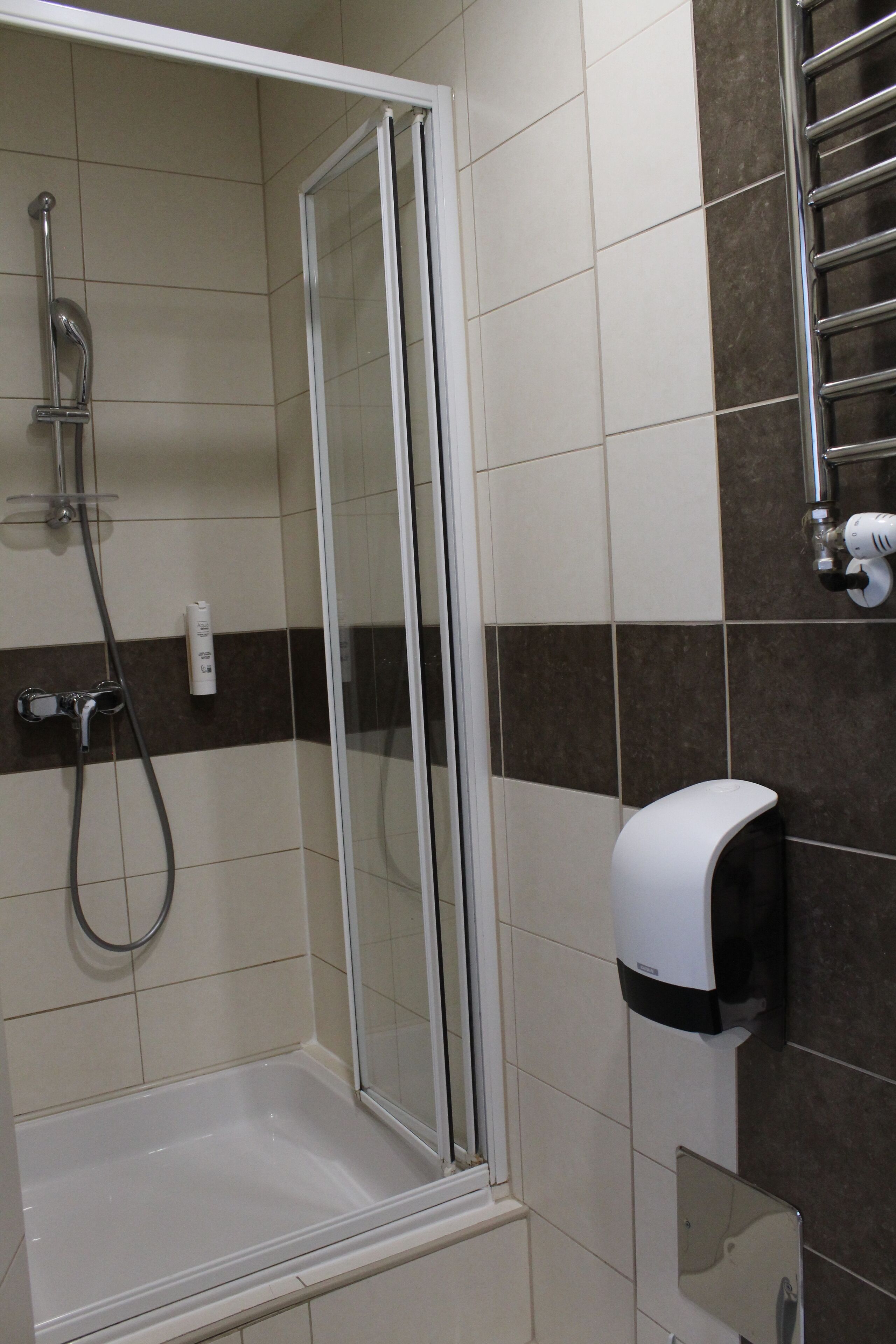 A shower area with a glass door, a handheld showerhead, and a wall-mounted towel dispenser.