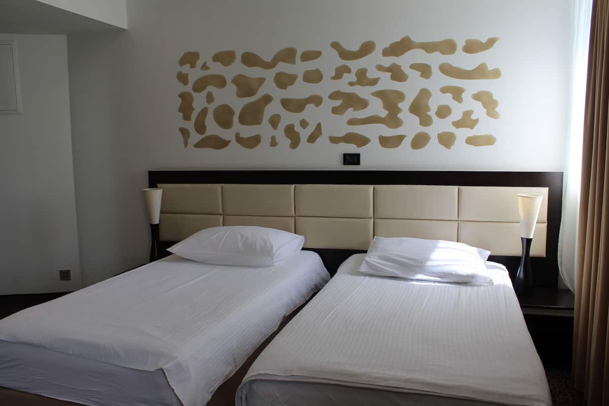 A hotel room with two single beds, a headboard with a light-colored panel, and a wall with a geometric pattern.