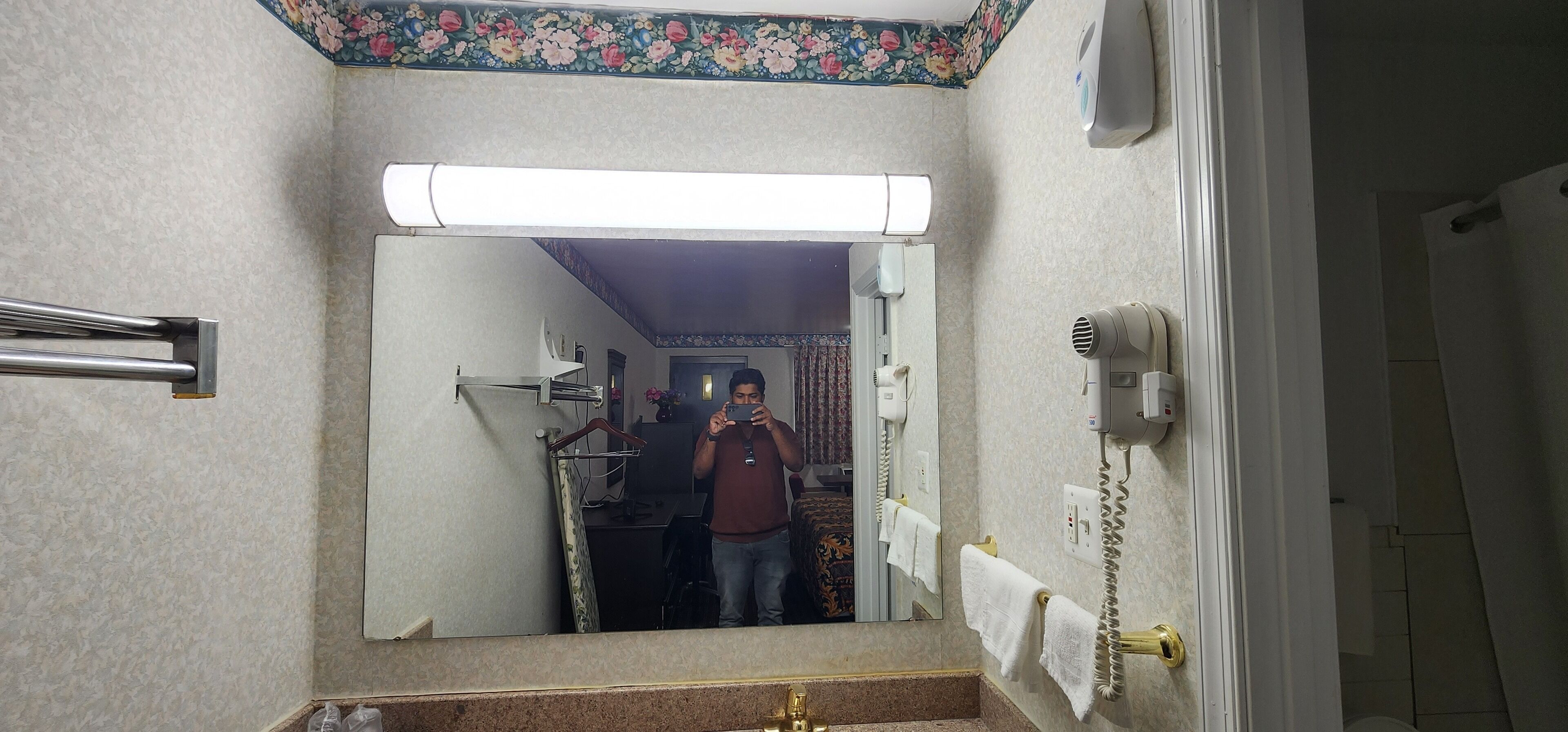 A bathroom with a mirror, a sink, a towel rack, a hairdryer, and a shower curtain.