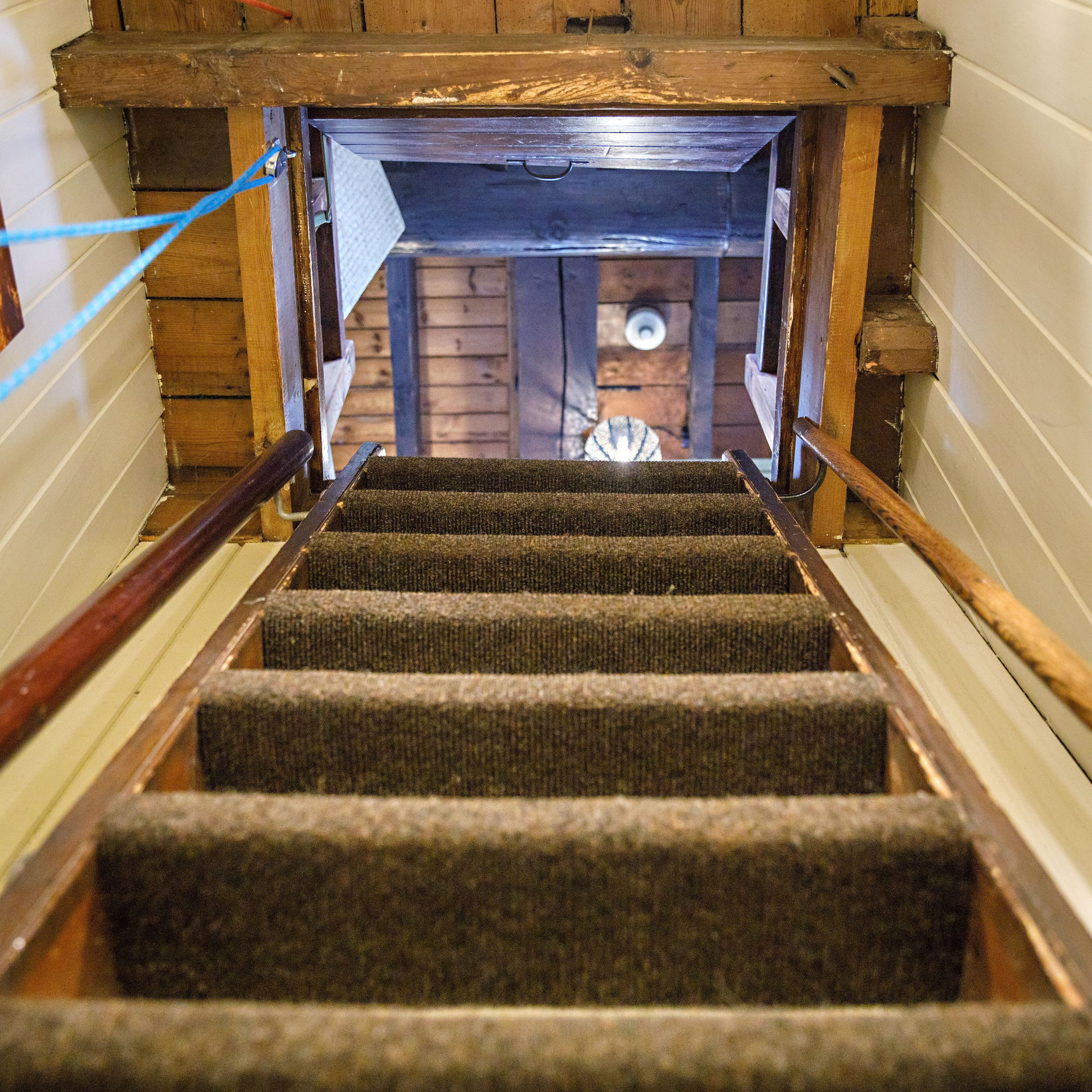 A wooden staircase with carpeted steps leading to a door.