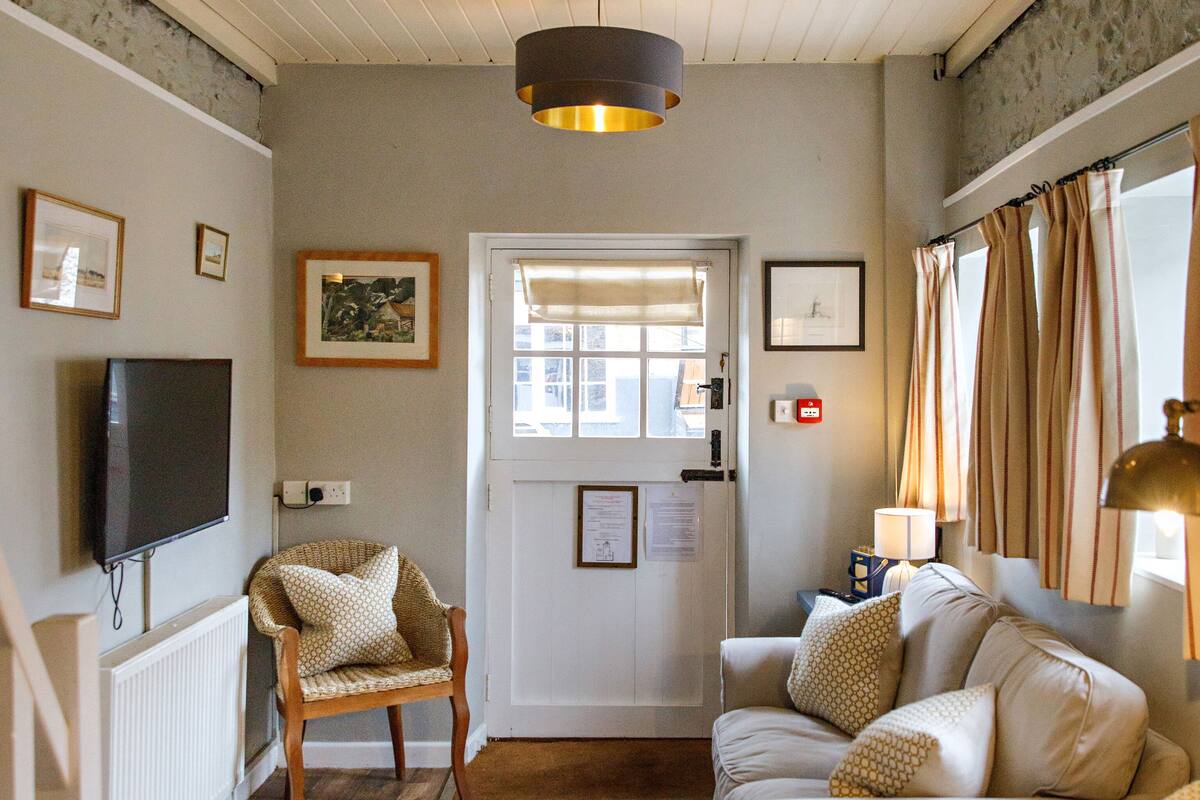 A cozy living room with a wooden floor, a sofa, a chair, a television, and a ceiling light fixture.
