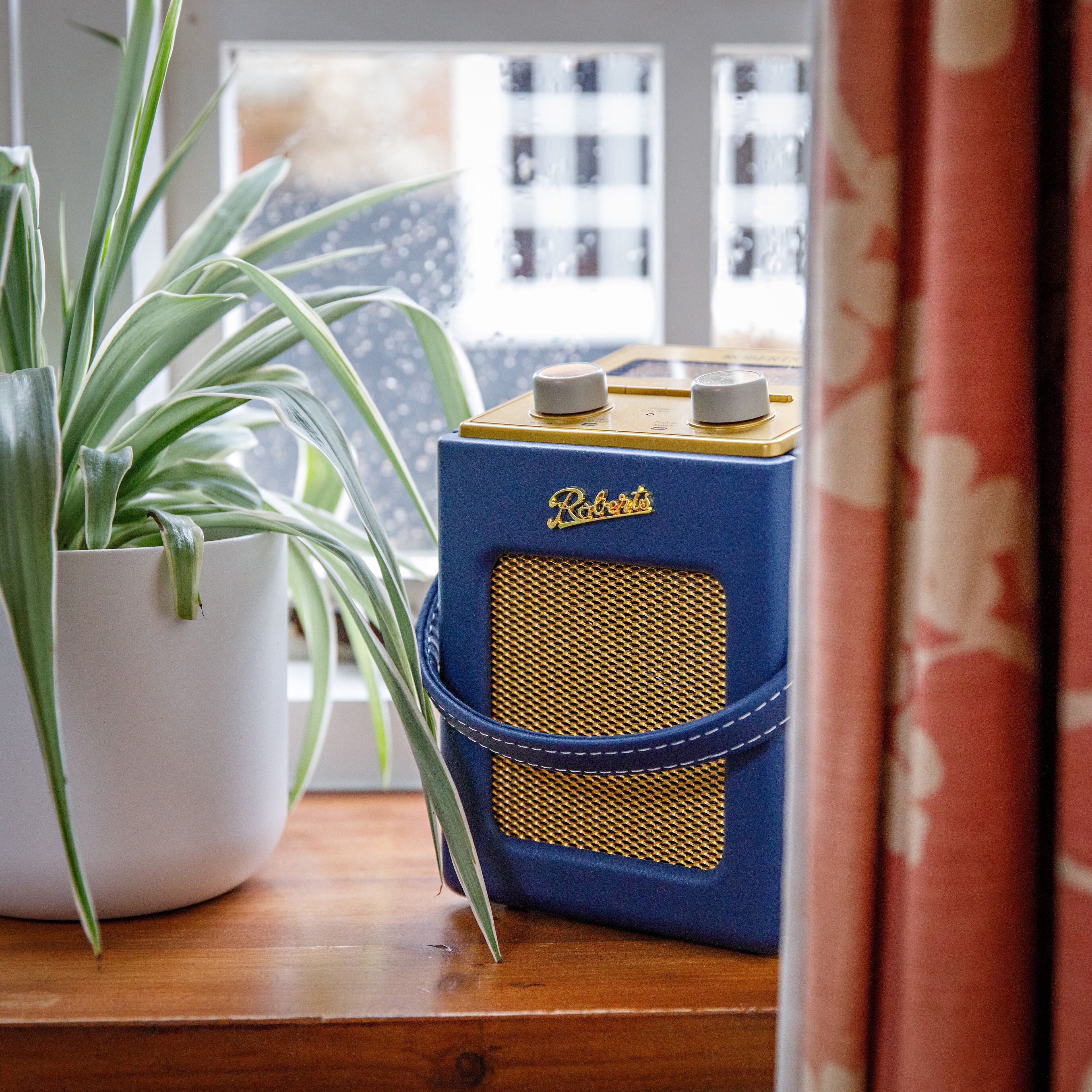 Rádio azul antigo com a marca 'Roberts' sobre uma superfície de madeira, ao lado de um vaso de planta.