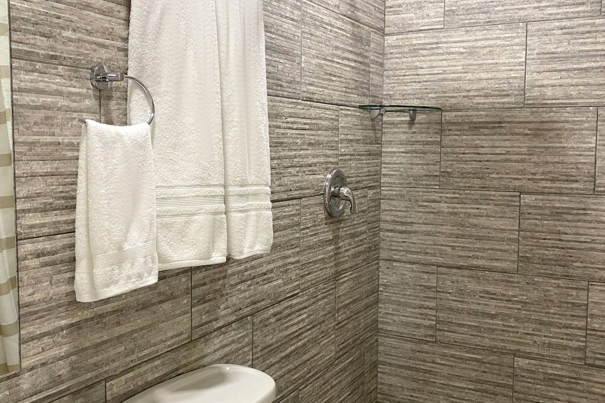 shower, rainfall showerhead, free toiletries, hair dryer