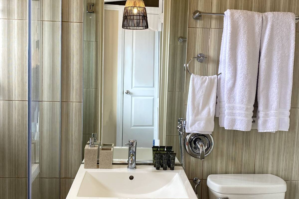 luxury room, 1 king bed, non smoking | bathroom | shower, rainfall showerhead, free toiletries, hair dryer