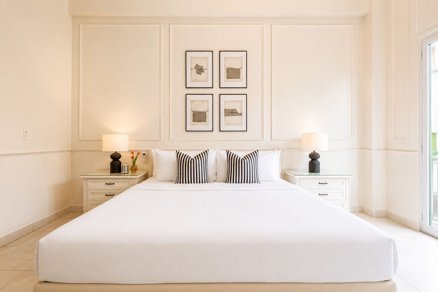 A large bed with white bedding, two bedside tables with lamps, and framed artwork on the wall.
