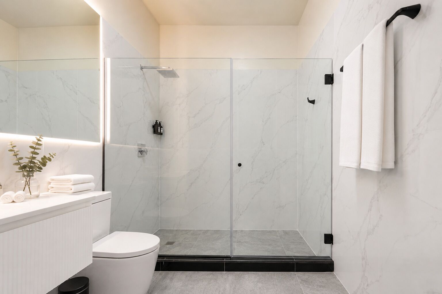 A modern bathroom with a glass-enclosed shower, a white toilet, a vanity with a mirror, and a towel rack.