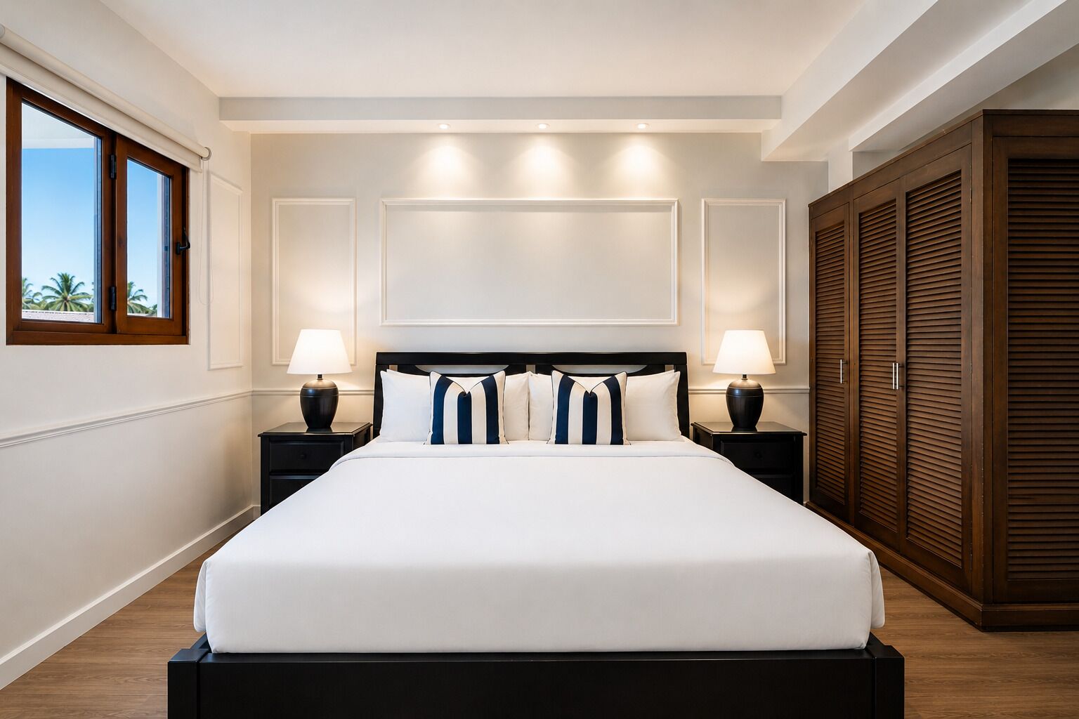 A hotel room with a large bed, two bedside tables with lamps, a wardrobe, and a window with a view.