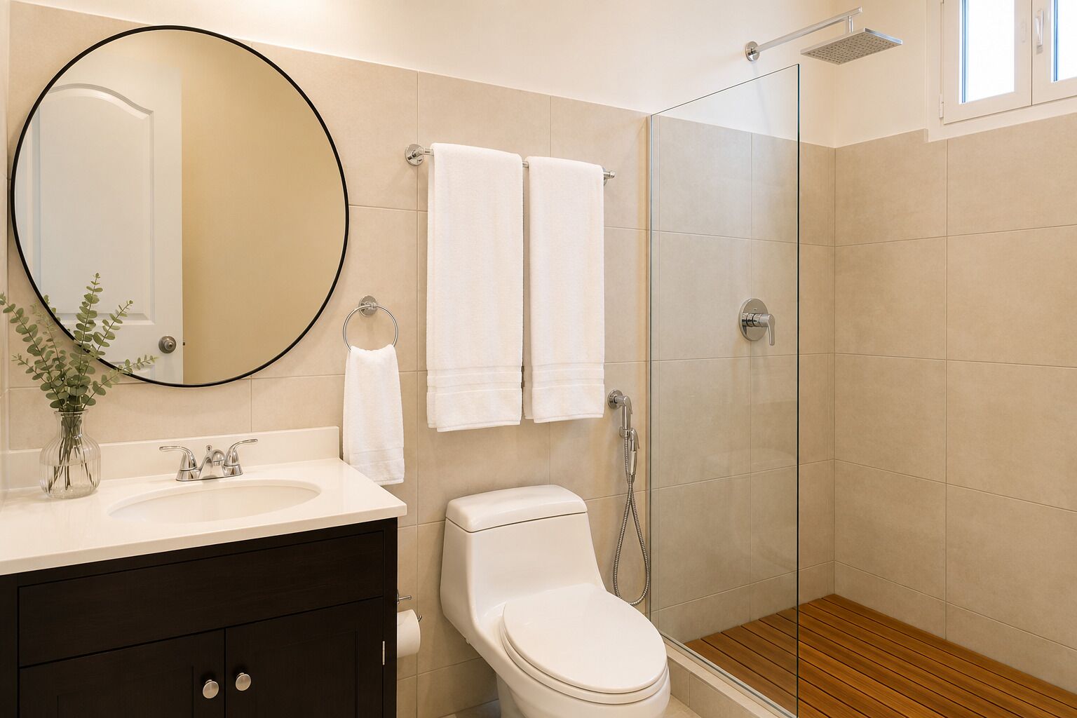 Une salle de bain avec un miroir rond, deux serviettes blanches, des toilettes, une douche et un plancher en bois.