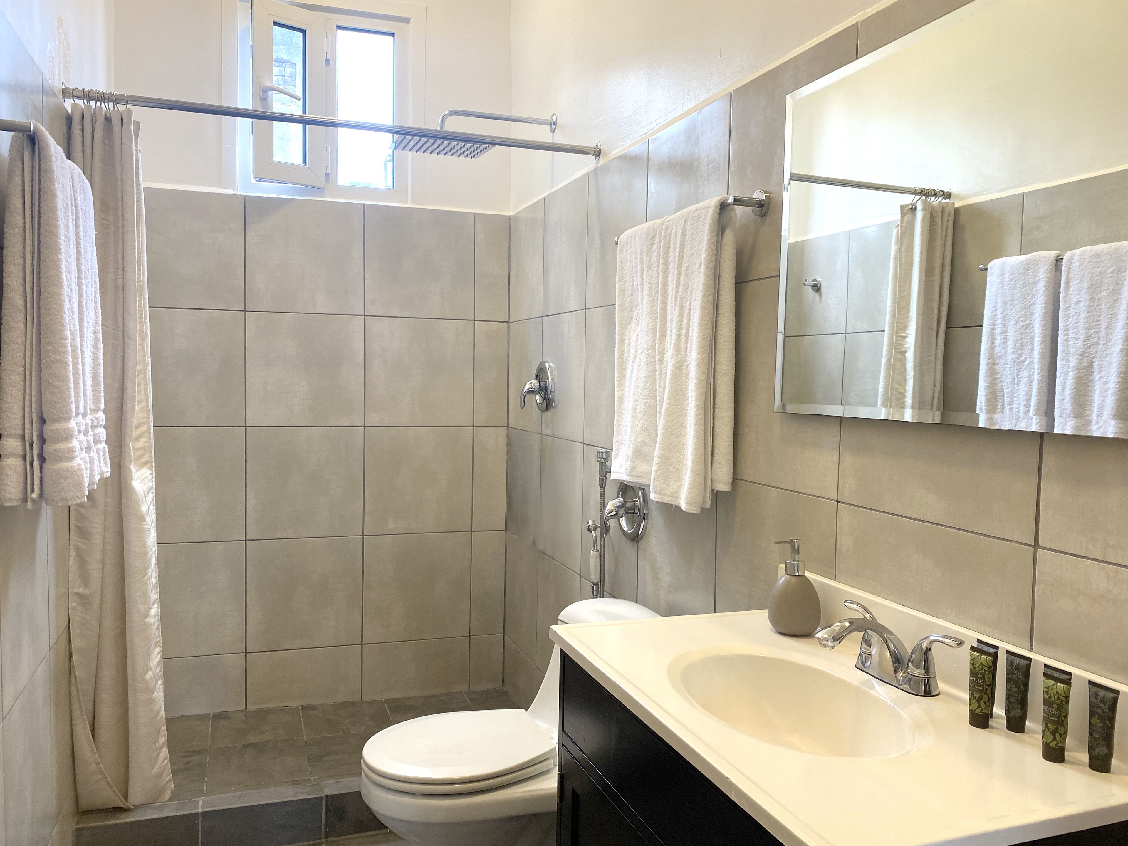 deluxe quadruple room, 2 queen beds, non smoking | bathroom | shower, rainfall showerhead, free toiletries, hair dryer