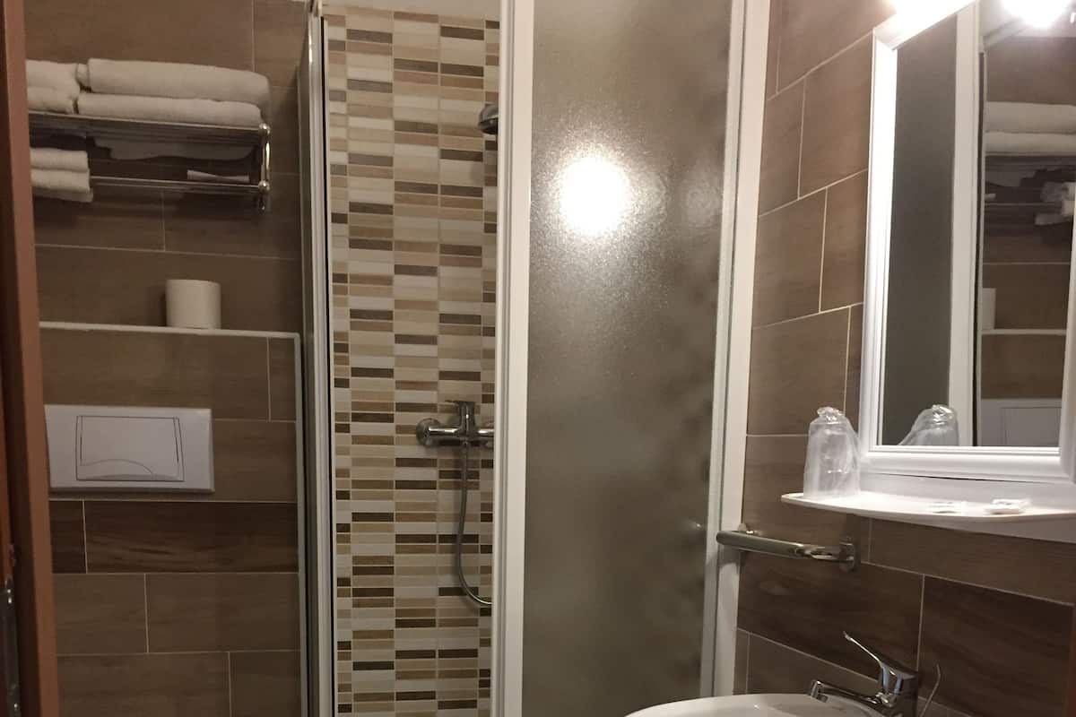 Einzelzimmer | Badezimmer | Dusche, kostenlose Toilettenartikel, Haartrockner, Handtücher