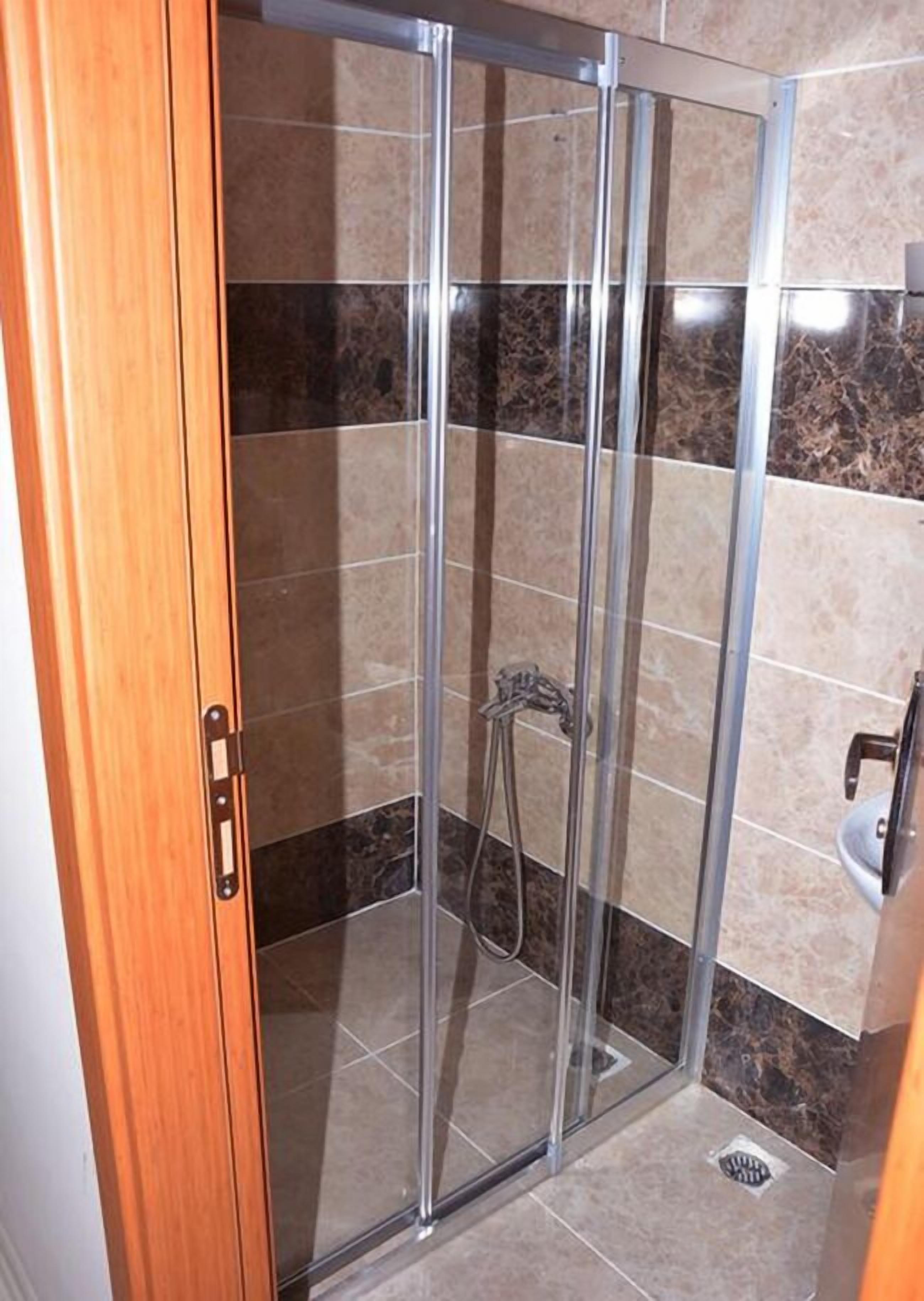 A glass-enclosed shower with a handheld showerhead, a wooden door, and tiled walls.