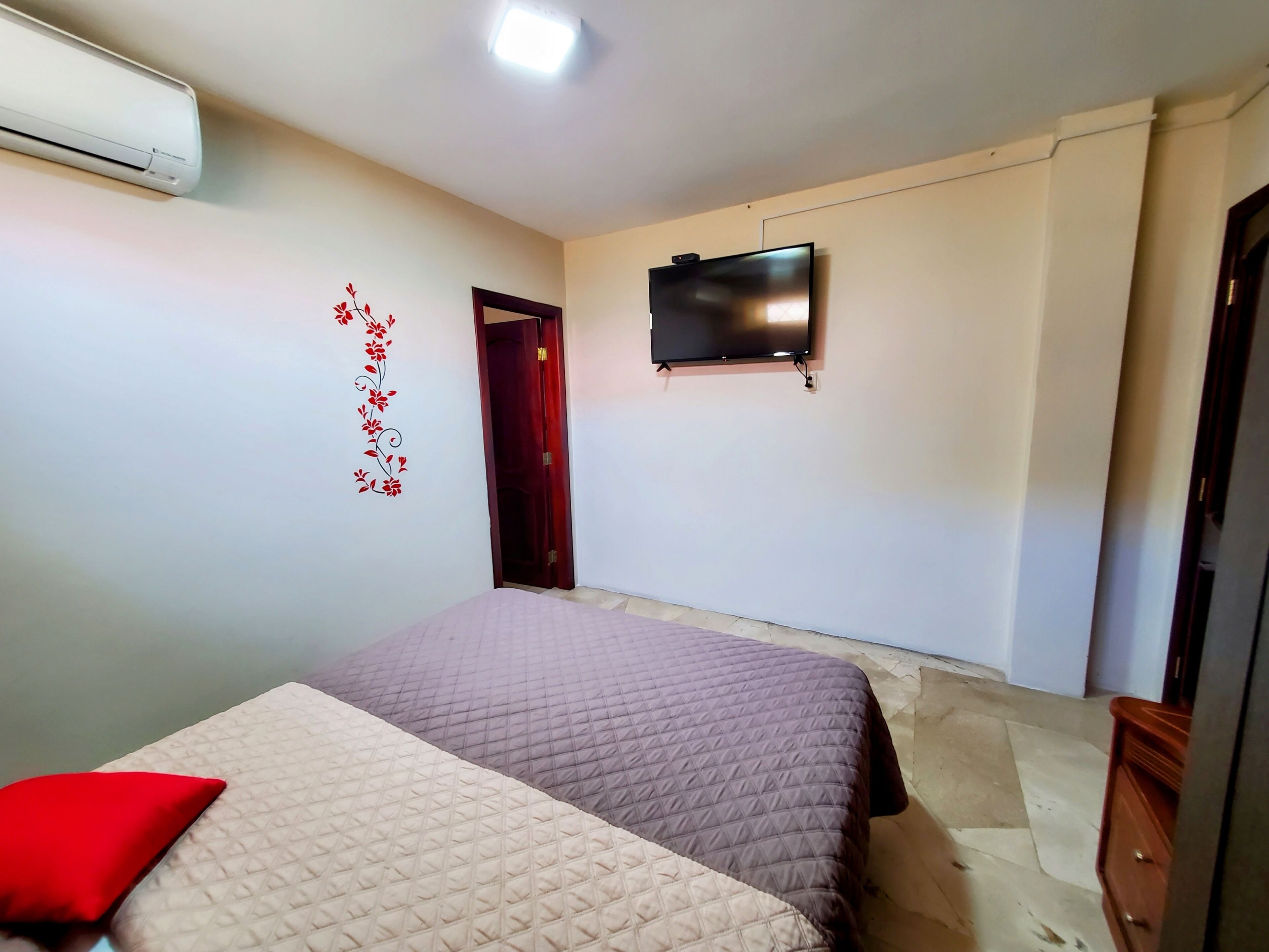 Un dormitorio con cama, televisión, aire acondicionado y una puerta.