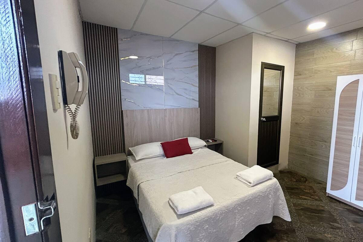 A hotel room with a bed, a bedside table, a mirror, a wardrobe, and a telephone.