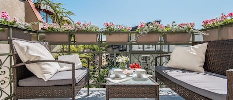 Leilighet, balkong | 1 soverom, sengetøy av topp kvalitet, lydisolert og strykejern/-brett