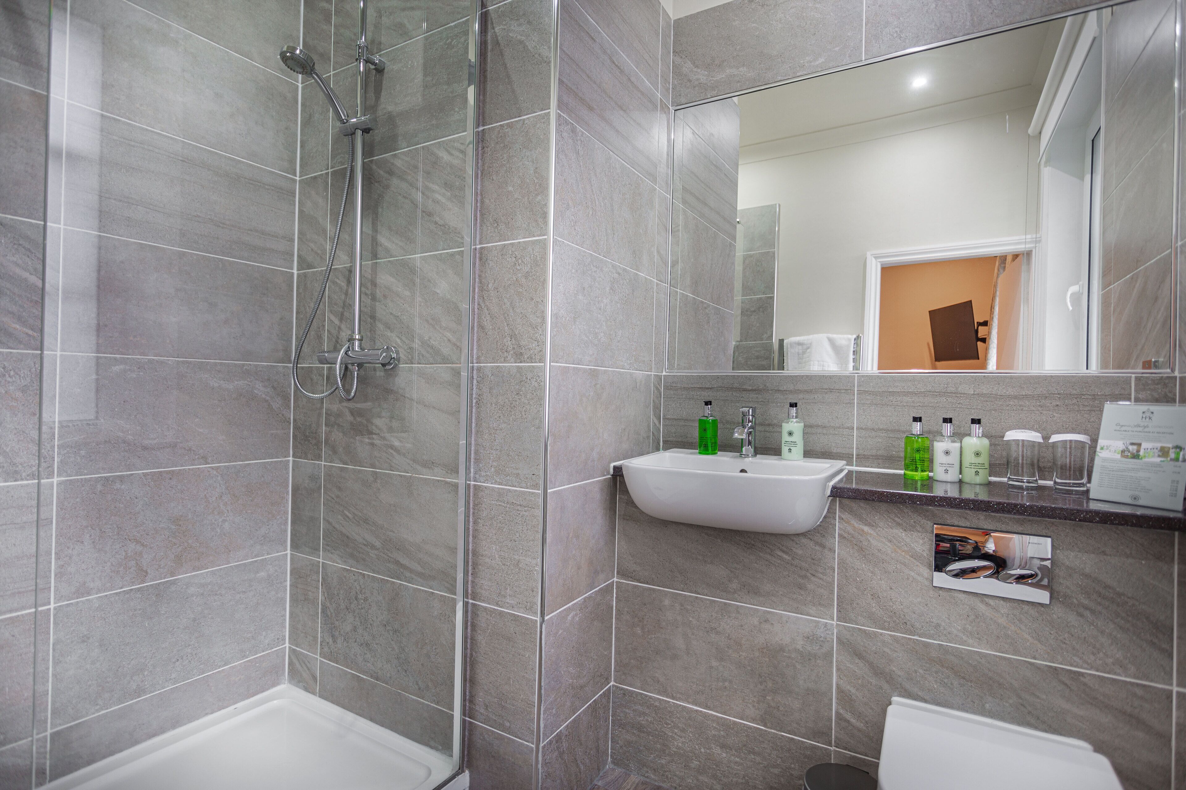 A modern bathroom with a shower, sink, and mirror.