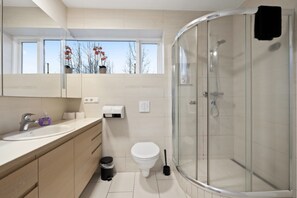 Enjoy a refreshing shower in the sleek shower enclosure, adjacent to a modern toilet and sink with a large mirror.