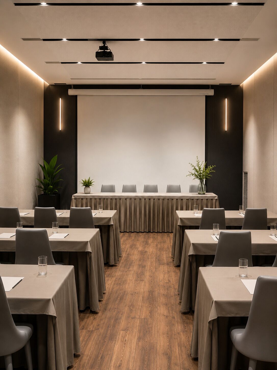 A conference room with a long table, multiple chairs, a projector screen, and a wooden floor.