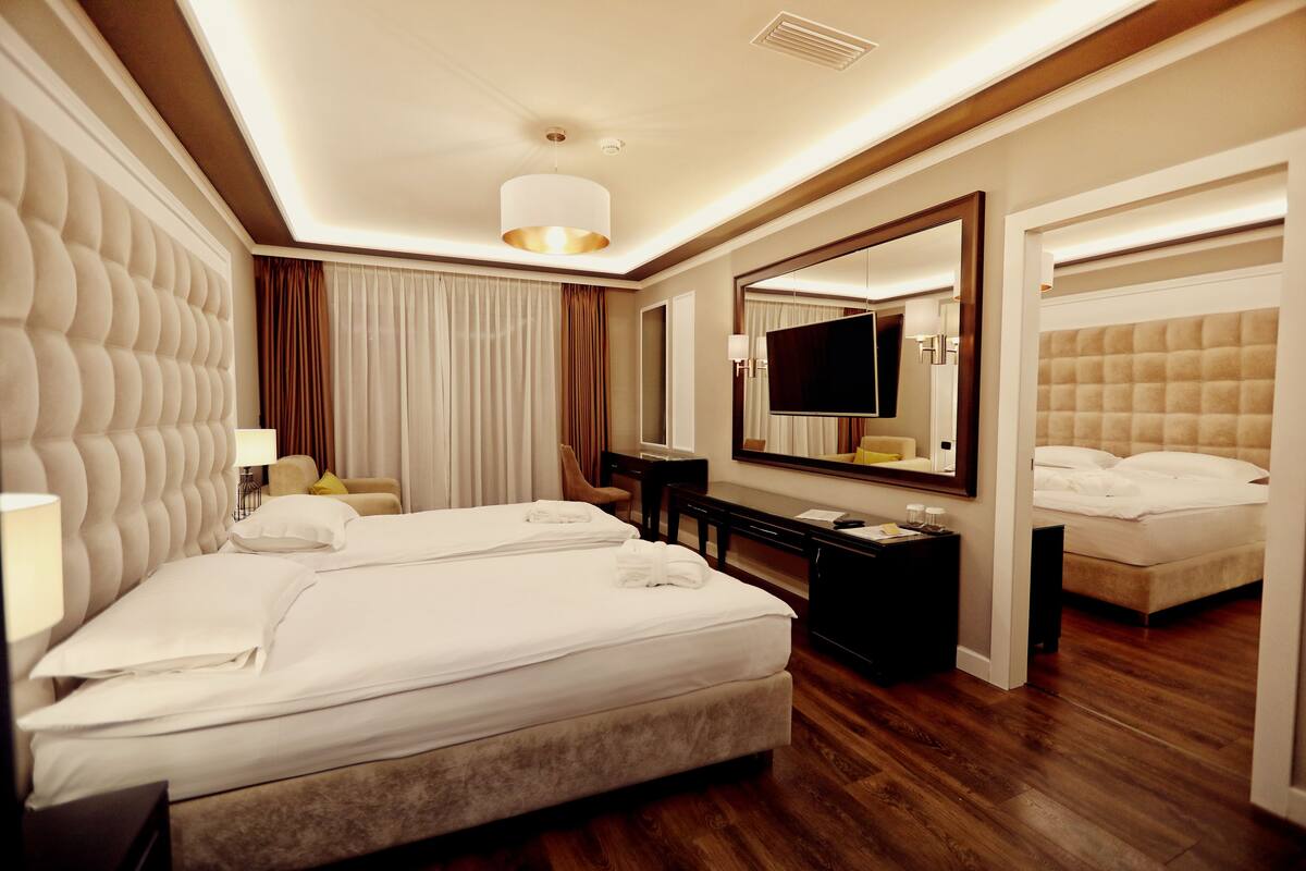 A hotel room with a large bed, a desk, a chair, a mirror, and a television.