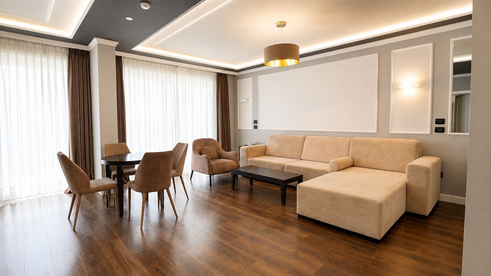 A modern living room with a sofa, chairs, a coffee table, and a dining area.