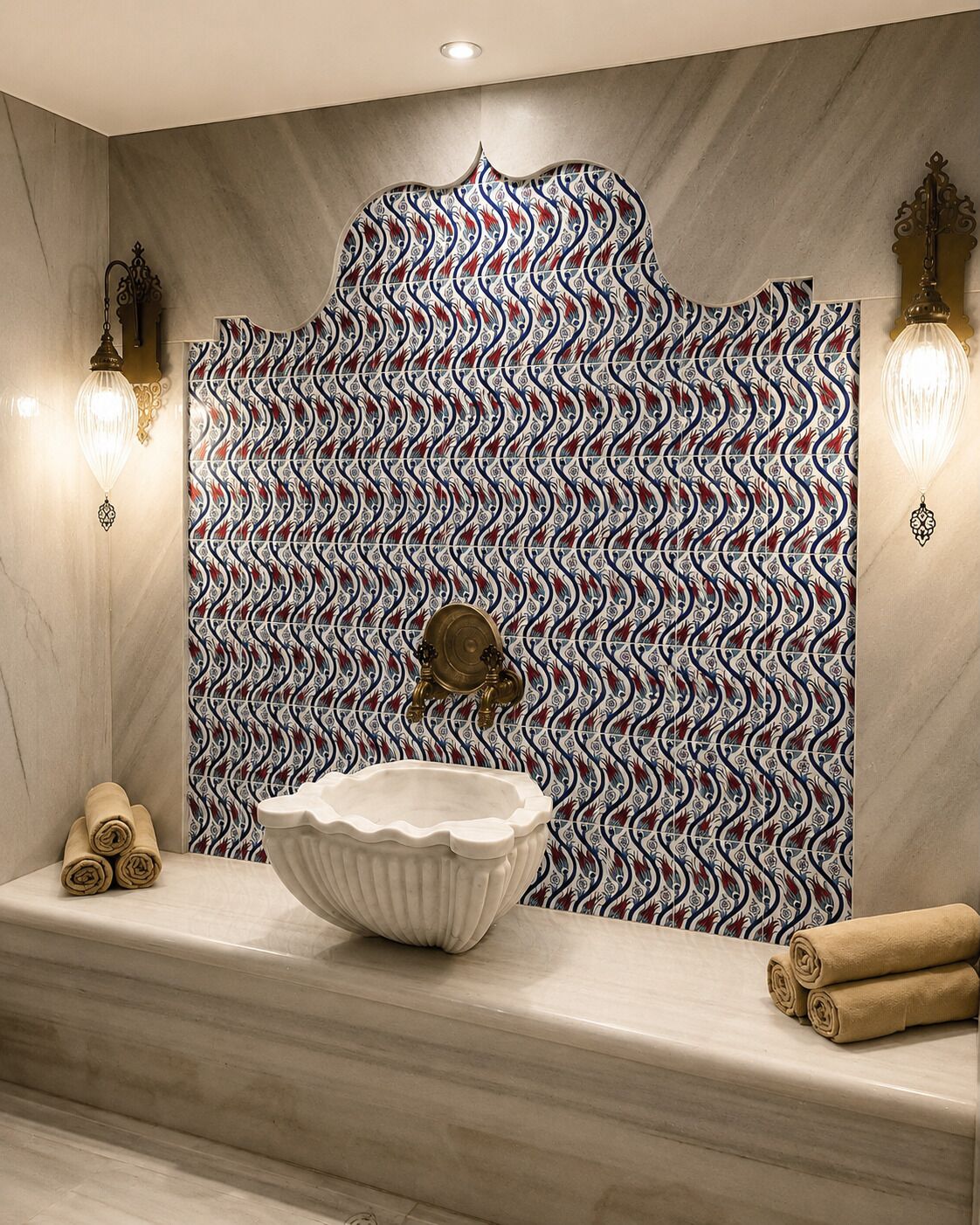 Een badkamer met een groot, sierlijk wastafel, een betegelde spatwand met patroon en twee wandlampen.
