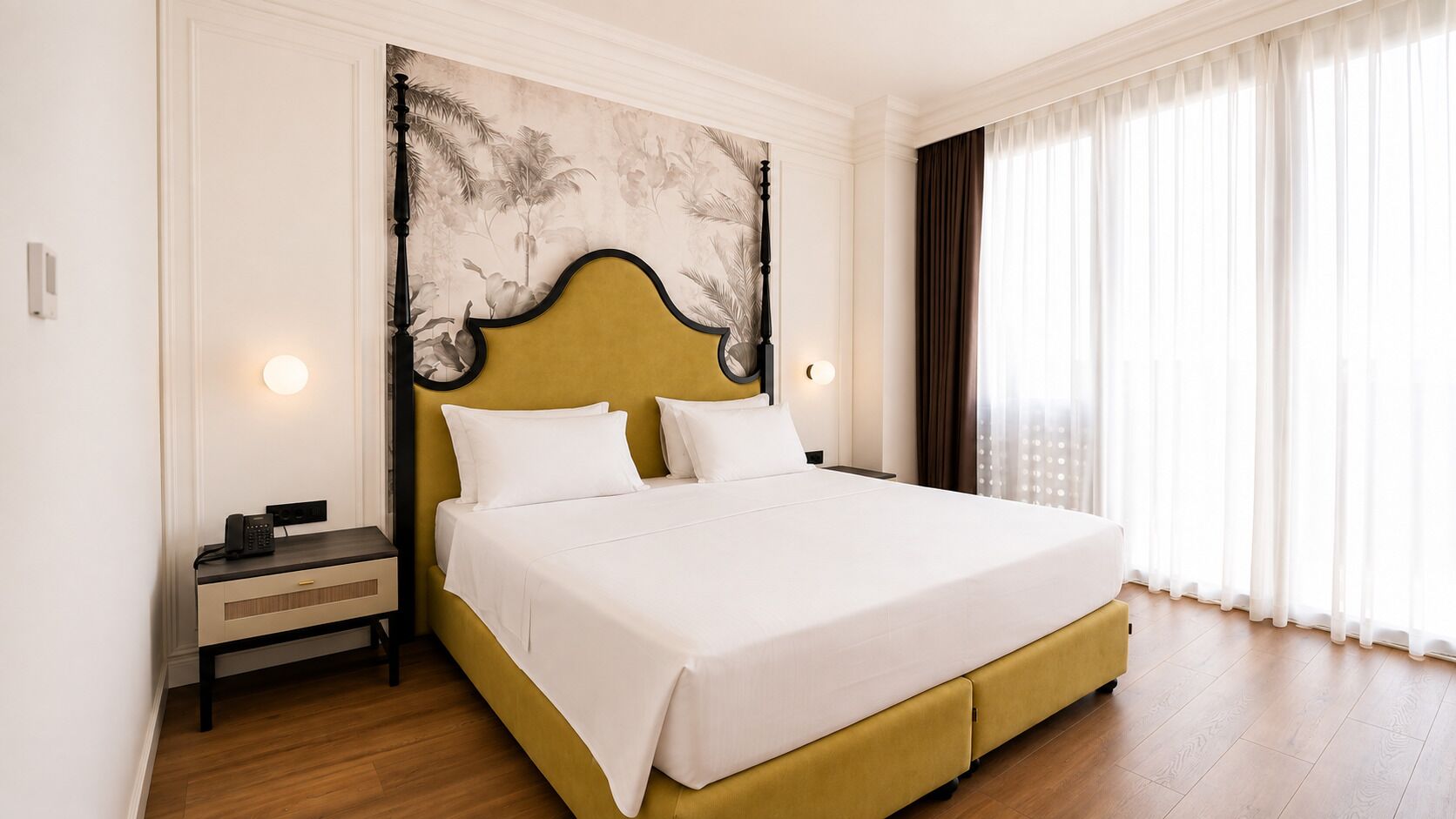 Habitación de hotel con cama, mesita de noche y un amplio ventanal con cortinas.