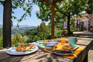 An outdoor dining table with plates of food, a bowl, and a cup of juice. - Albachiara Casa Di Campagna B&B (Ogliastro Cilento)