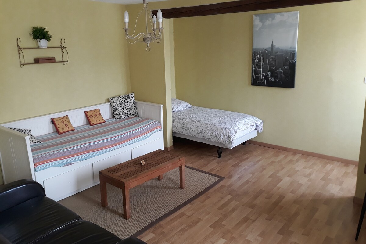 Una sala de estar con un sofá, una cama, un banco de madera y una lámpara colgante.