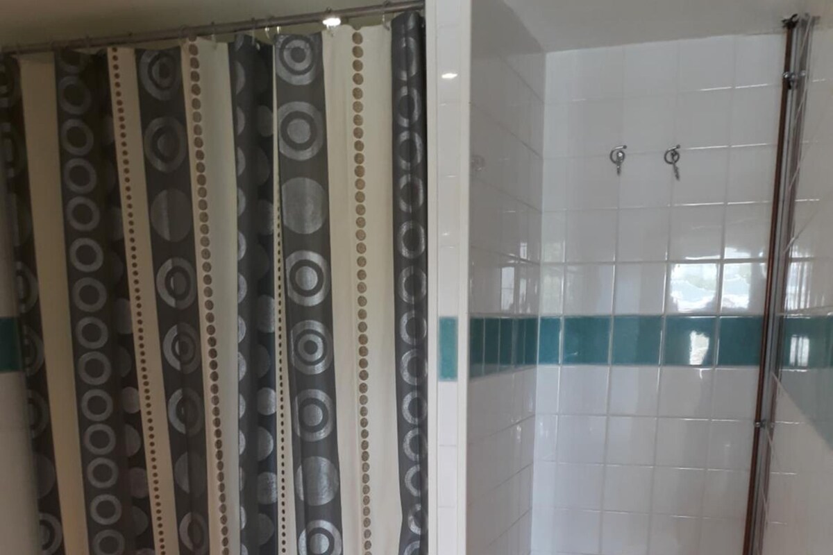 A bathroom with a shower, toilet, and a small wooden stool.