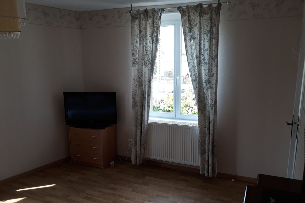 A room with a wooden floor, a television on a wooden cabinet, a window with floral curtains, and a radiator.