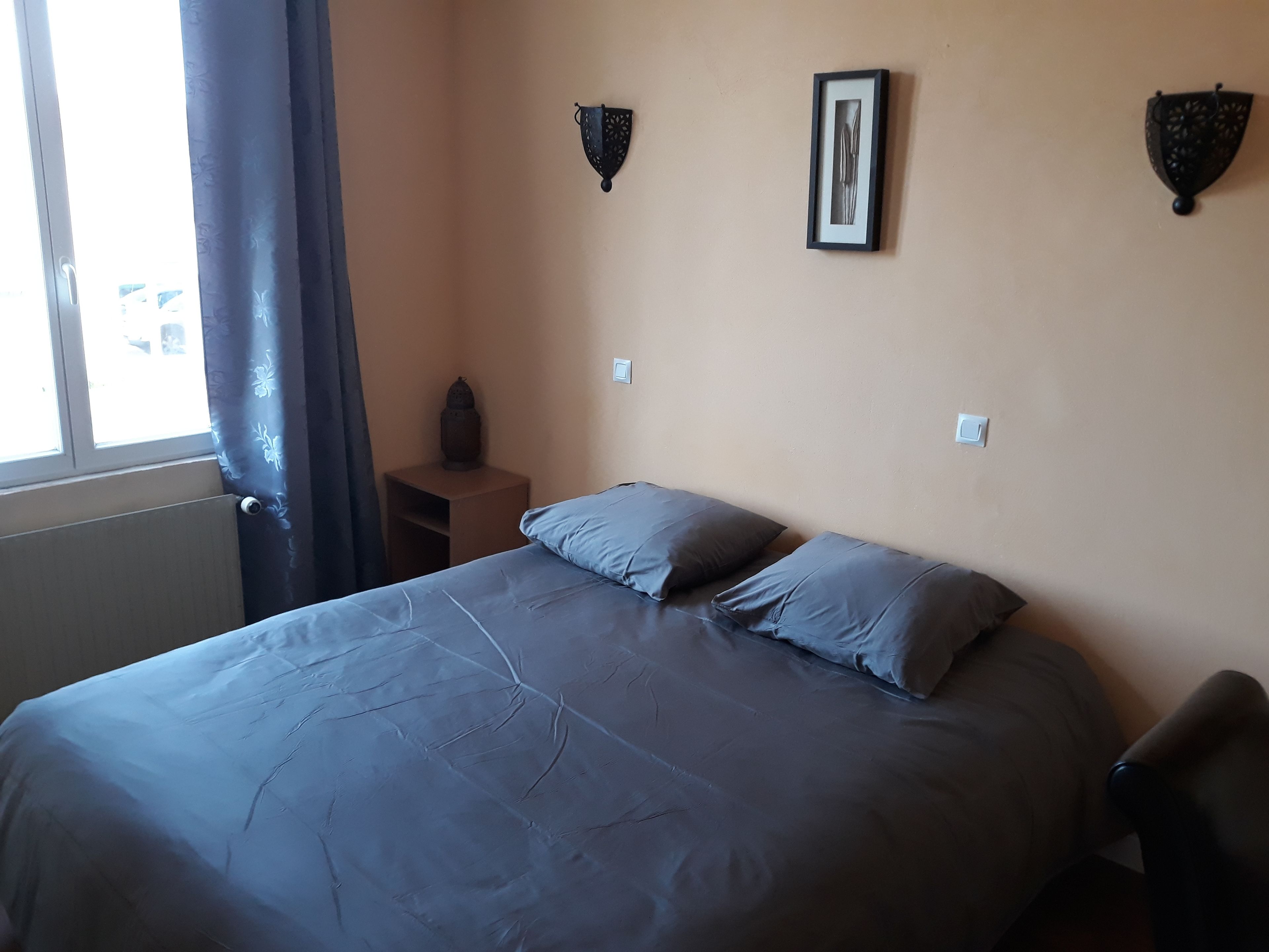 A bedroom with a bed, two pillows, a nightstand, a wall-mounted lamp, and a framed picture.