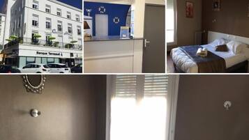 Un hôtel proposant des chambres avec un lit, un bureau et une fenêtre.