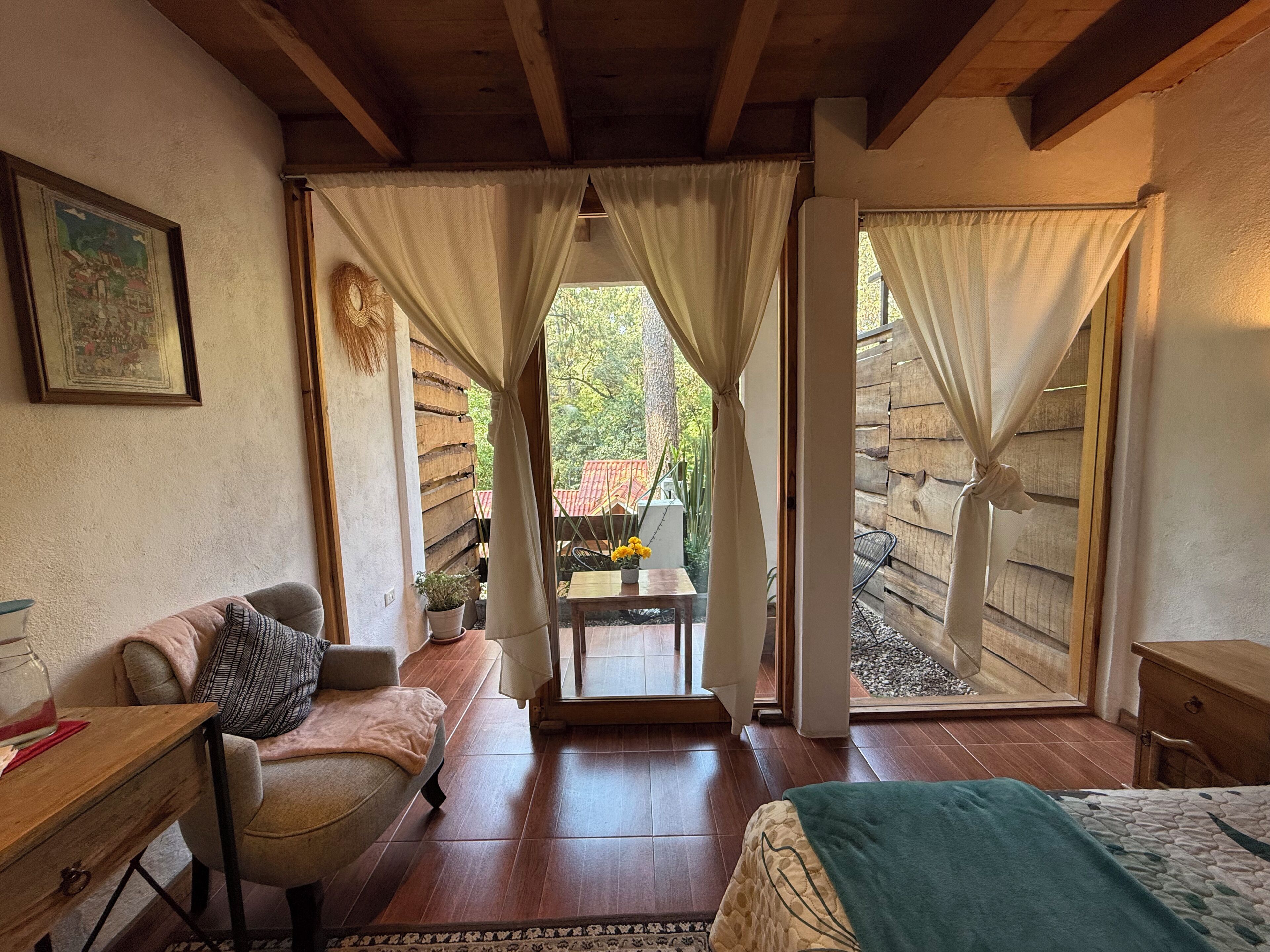 Una habitación con cama, una silla, una mesita con planta y vistas al exterior.